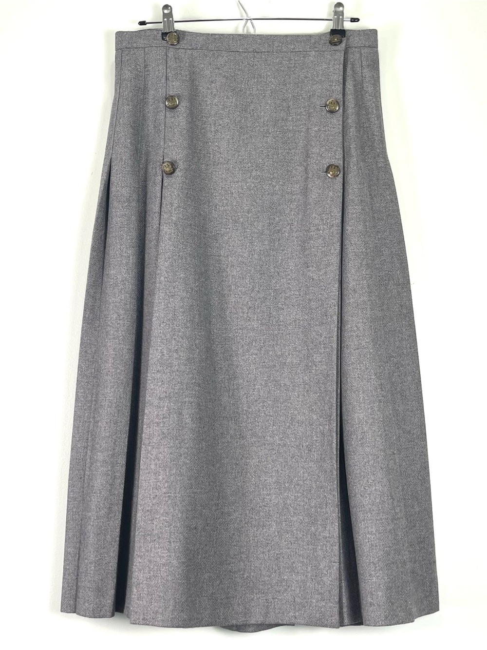 AQUASCUTUM Vtg. Wool Angora Wrap Pleated Gray Herringbone Skirt Buttons Size 16